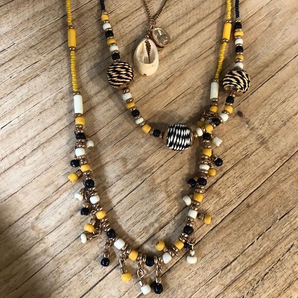 Boho Gold Yellow Navy Beaded Long Necklace - Picture 5 of 5